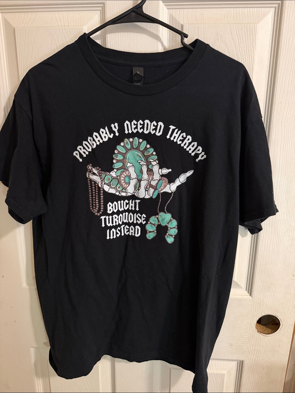 Gildan Black Tee with Turquoise Skeletal Hand Graphic